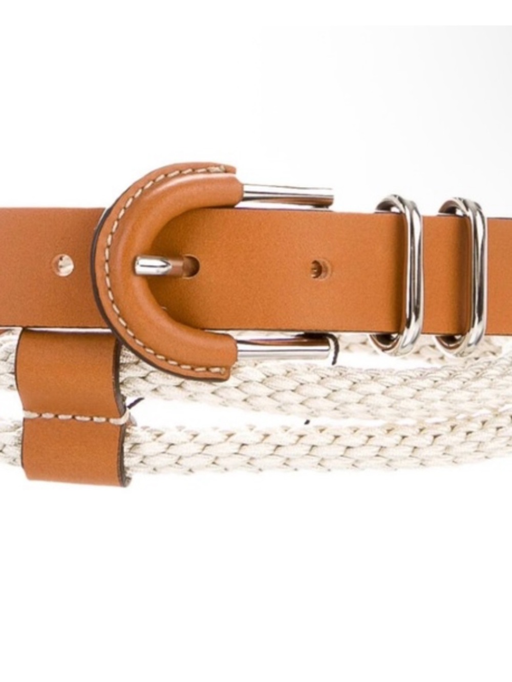 Lafayette 148 New York Brown Leather & Cream Braided Rope Belt